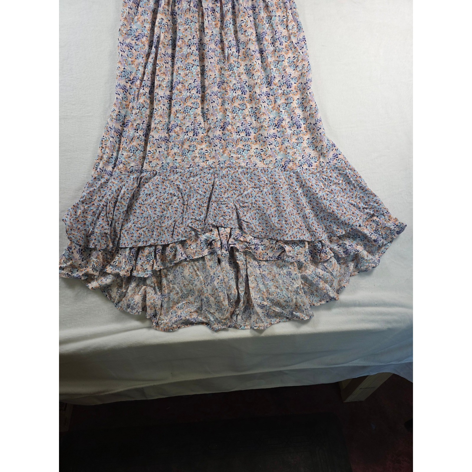 Floral Maxi Dress Crochet Ruffle Hem Large Pink Blue Boho Summer Cottagecore