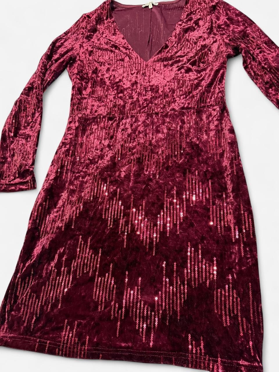 Charlotte Russe Burgundy Velvet Sequin Dress Long Sleeve V Neck Mini Dress M