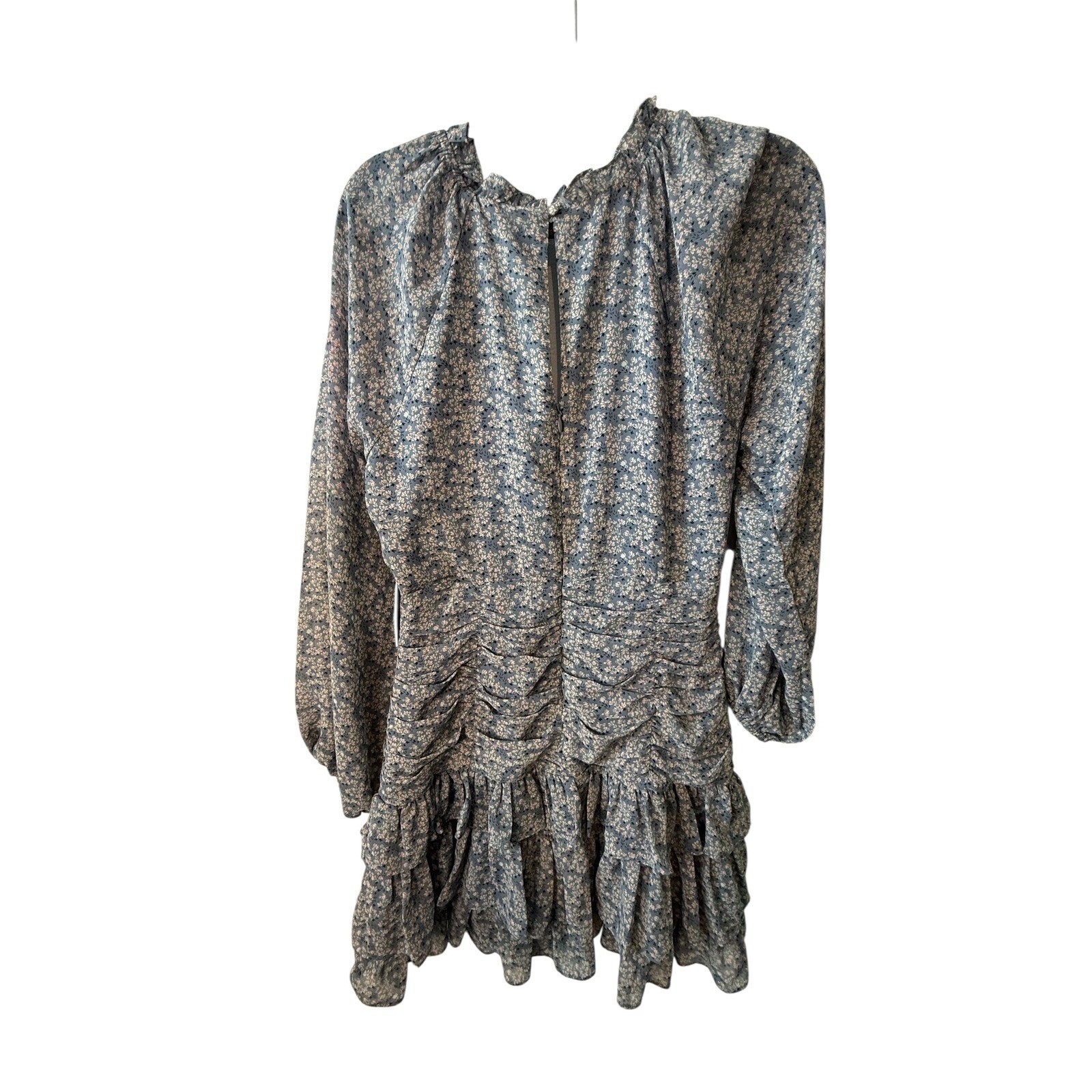 NWT ASTR The Label Blue Floral Ruched Mini Dress Long Sleeve Ruffle Skirt