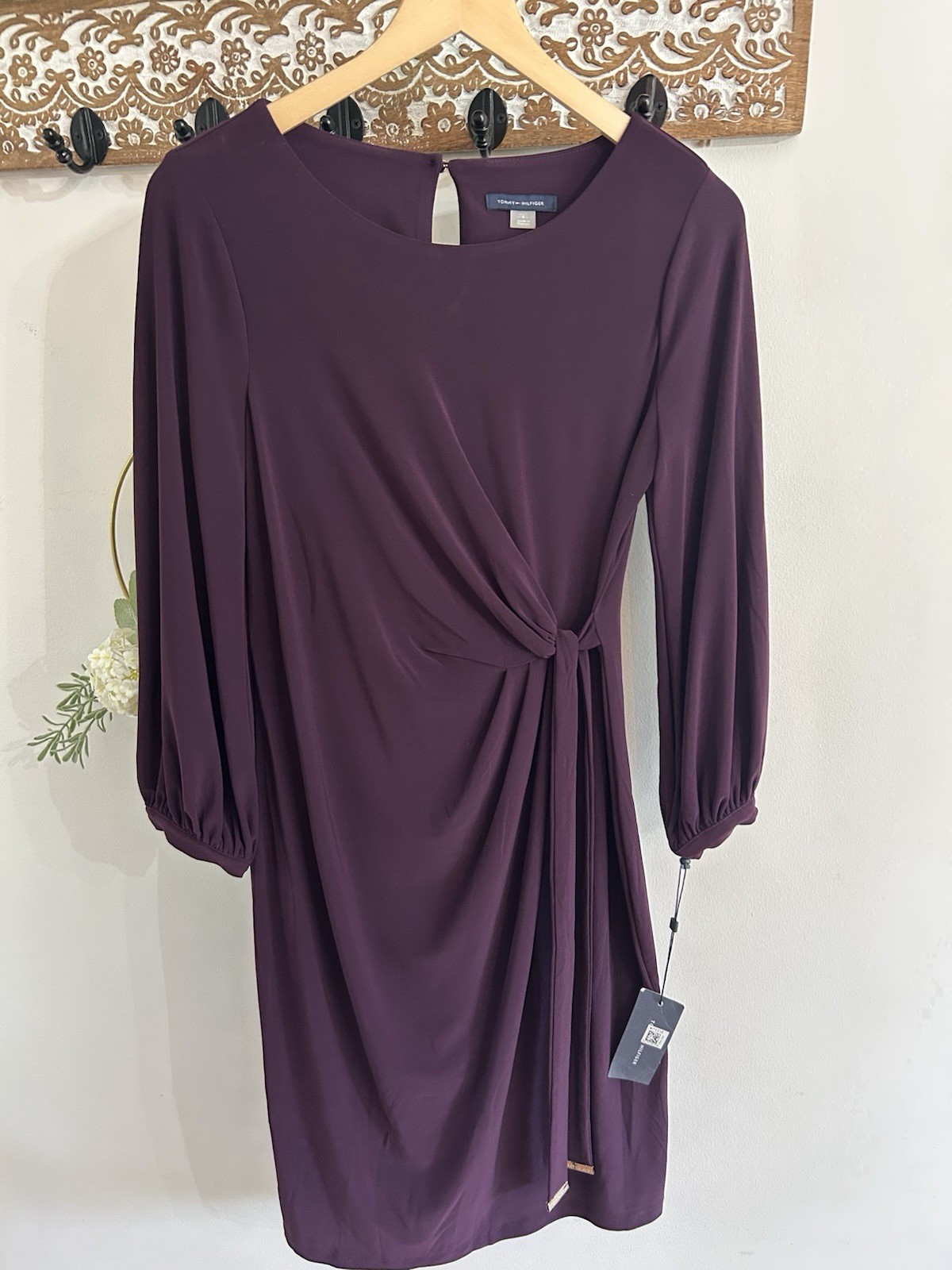 Tommy Hilfiger Purple Tie Metallic Logo Party Dress Eggplant 3/4 Sleeve Sz 6 NWT