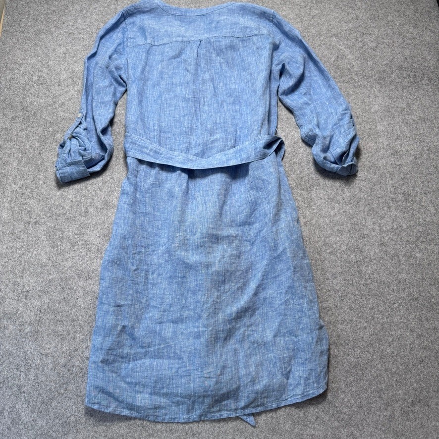 Talbots Blue 100% Linen Belted Shirtdress Small Roll Tab Sleeve Coastal