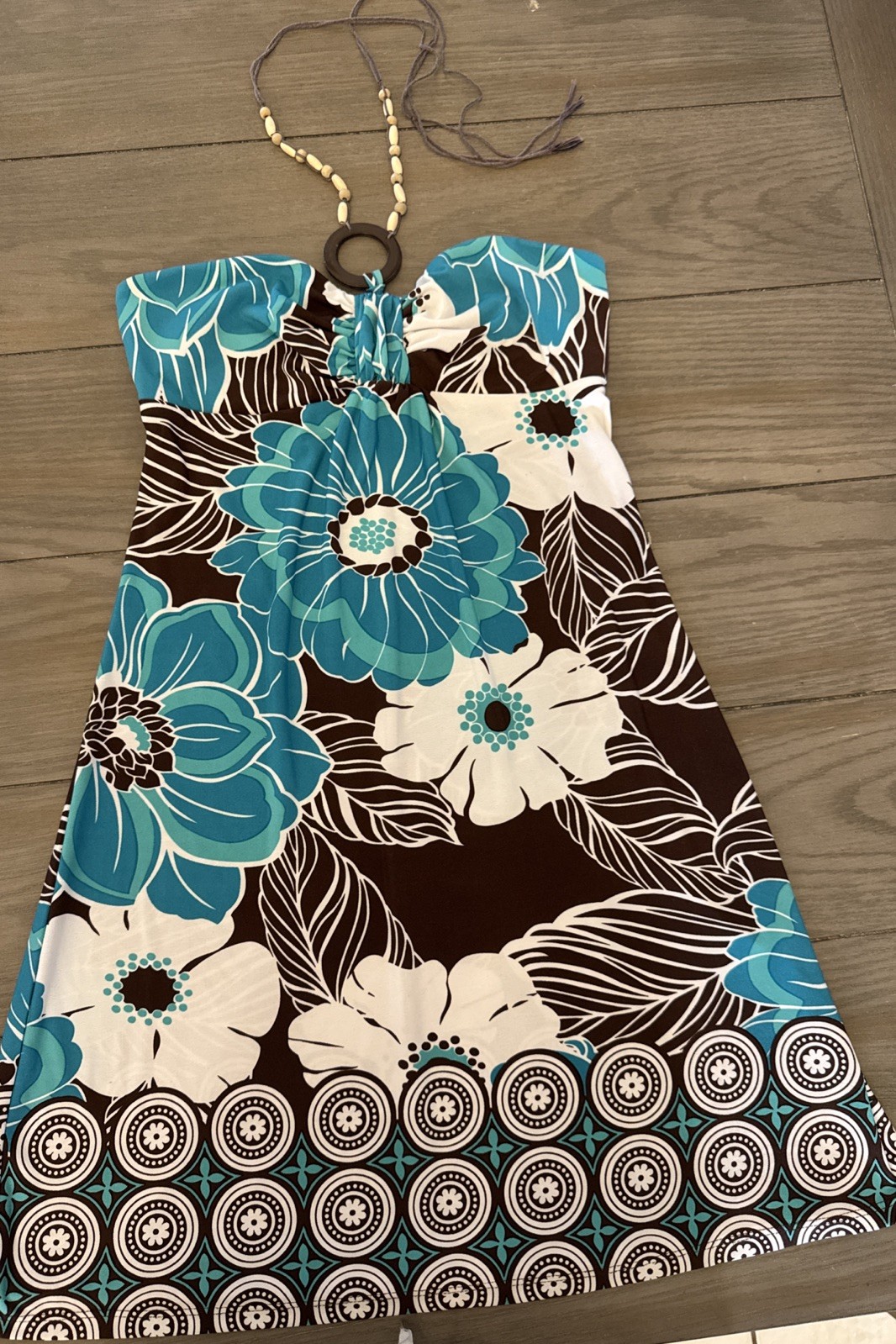 Rampage Y2K Halter Dress Beads Brown Teal Beaded Indie Going Out Dress