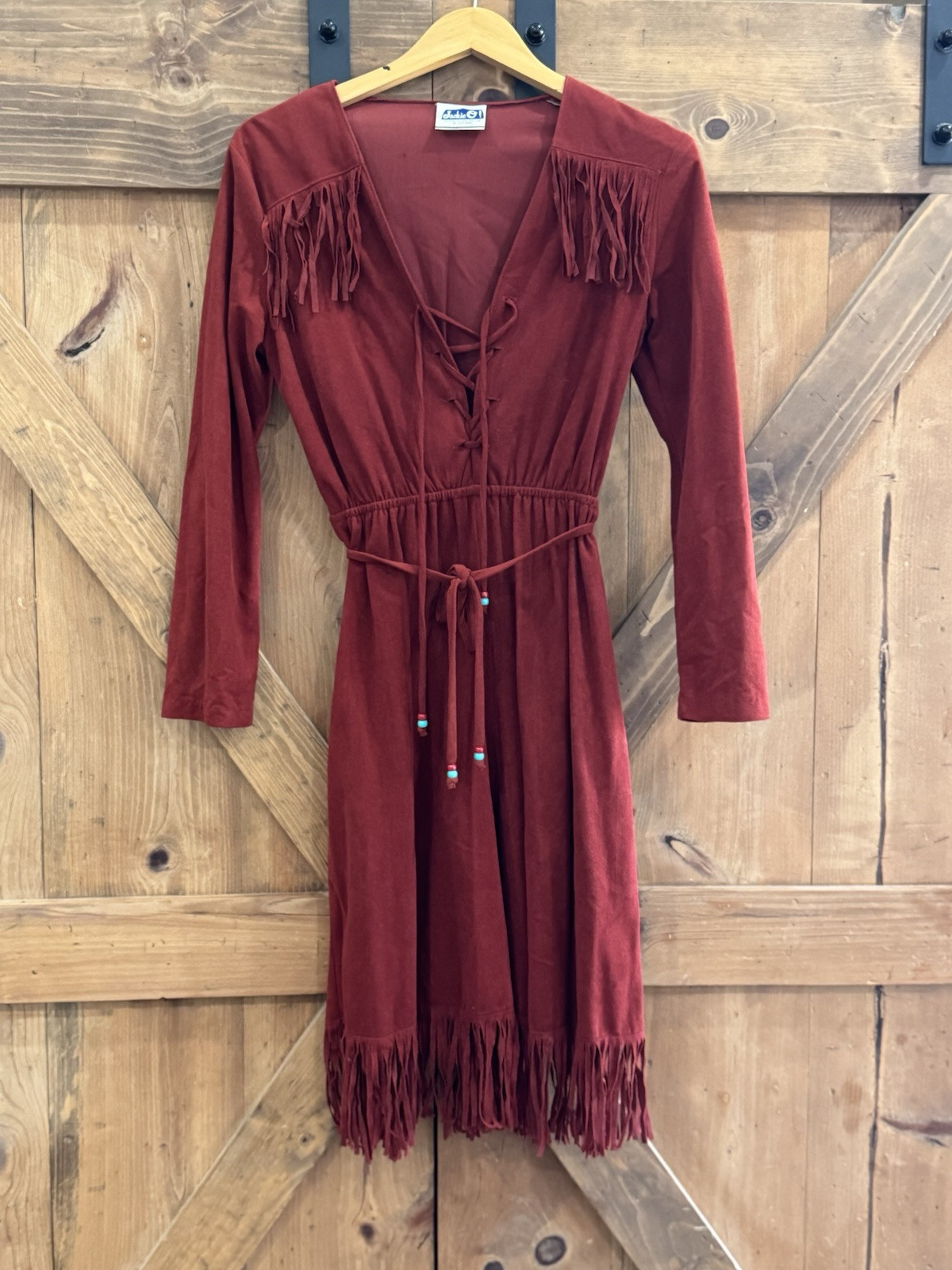 70S Jackie O! Vintage Native Inspired Velvet Terracotta Hippy Fringe Dress Sz 7