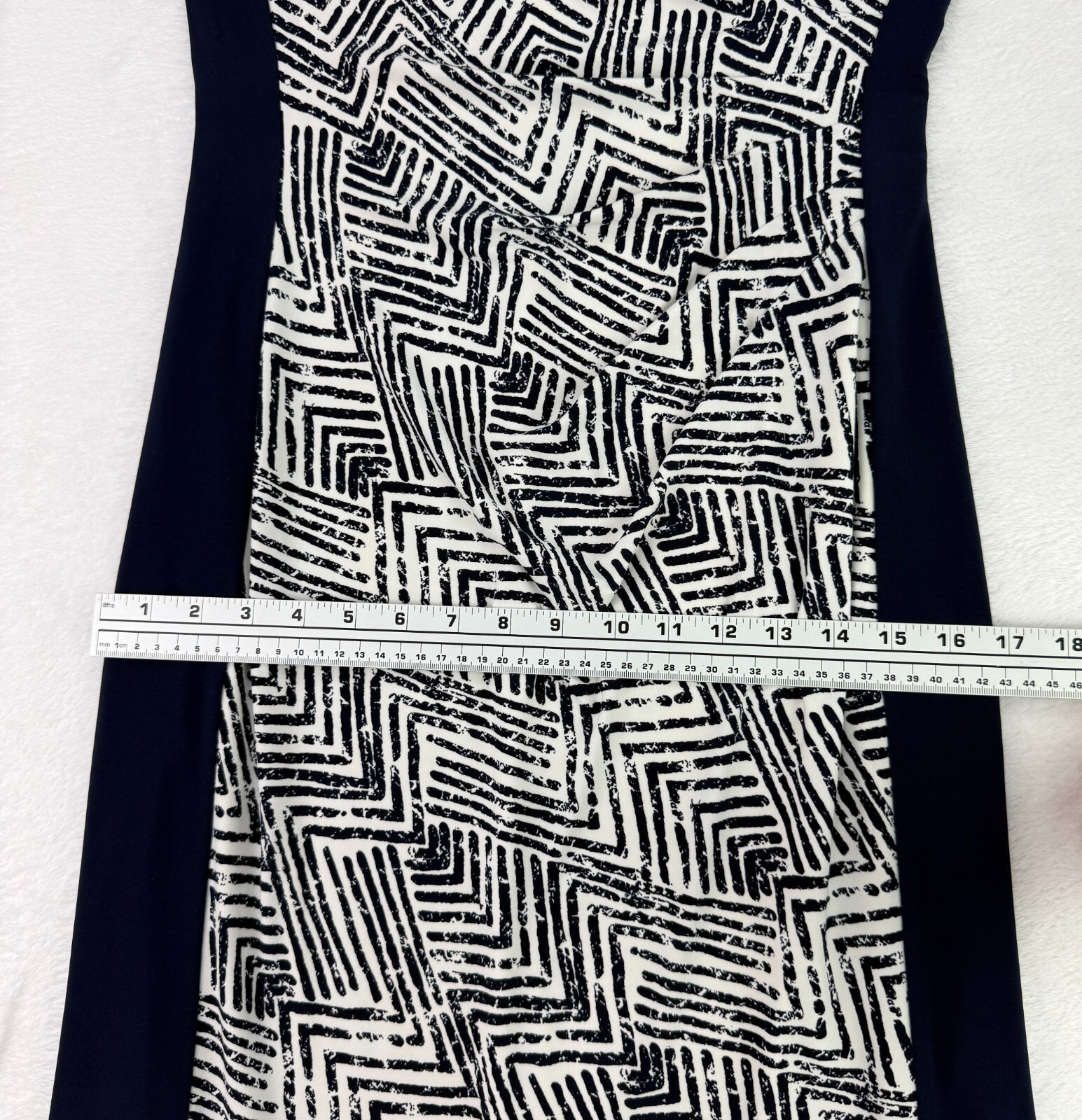 Lauren Ralph Lauren Dress Navy White Sz 10 Geometric Print Ruched 3/4 Sleeve