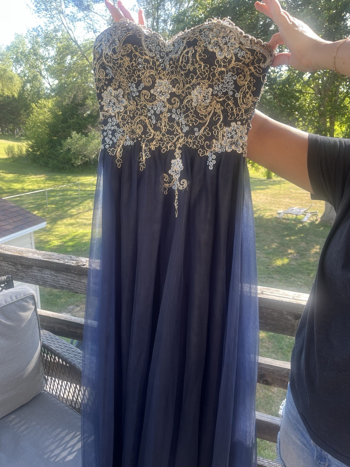 Blondie Nites Stacy Sklar Juniors 1 Blue Gold Sweetheart Strapless Long Gown