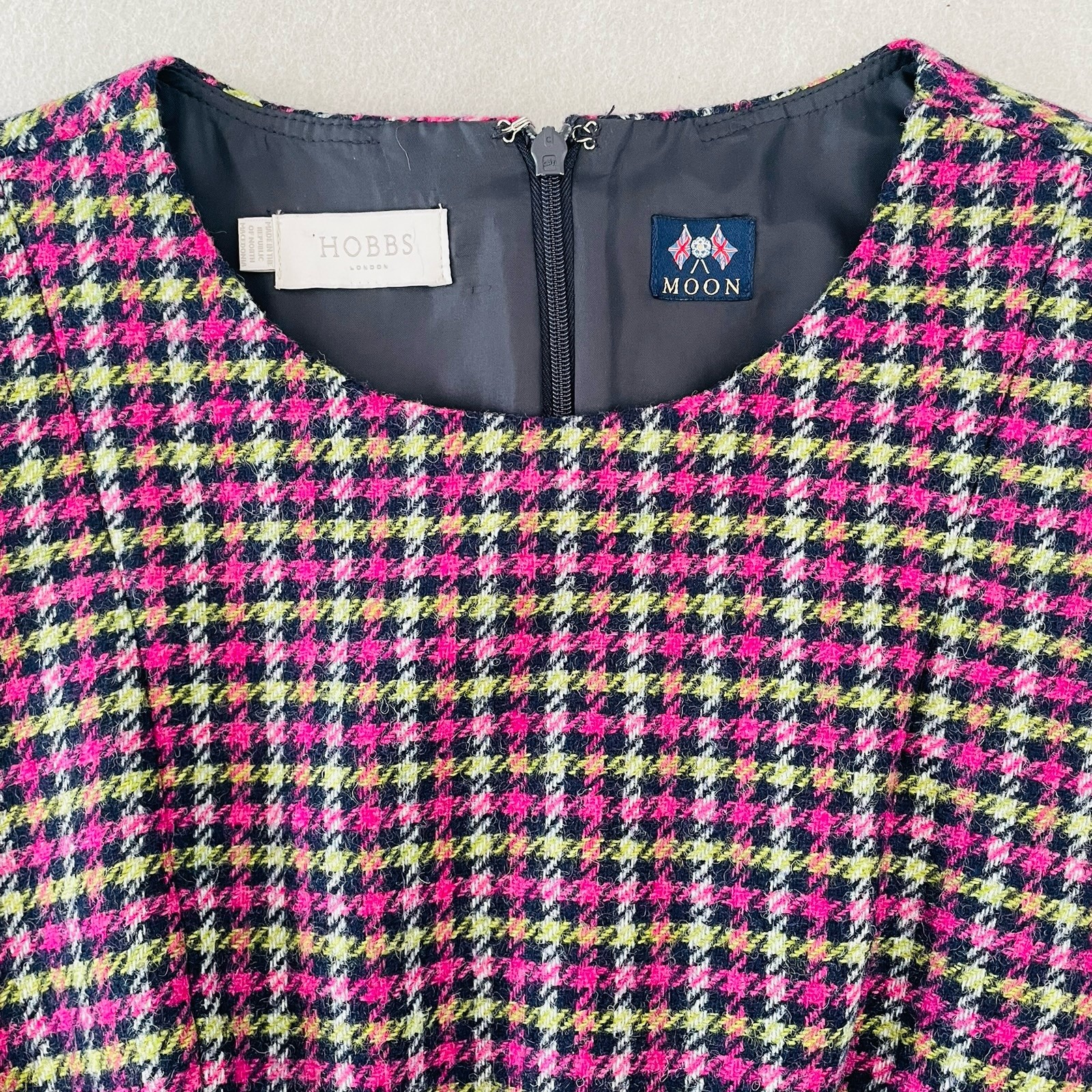 Hobbs Moon Wool Shift Dress Tweed Pinafore UK 12 Pink/Green/Black Dogtooth Check