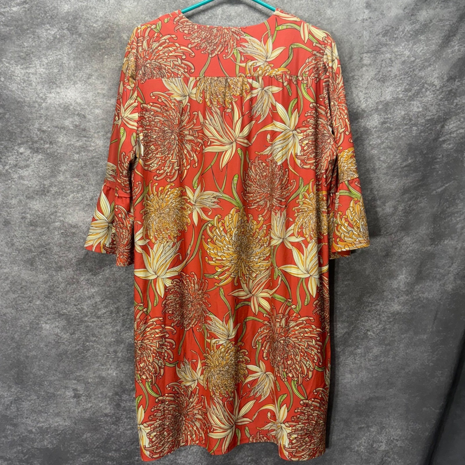Jude Connally Kerry Shift Dress Size M Red Tan Floral Bell Sleeve Jude Cloth