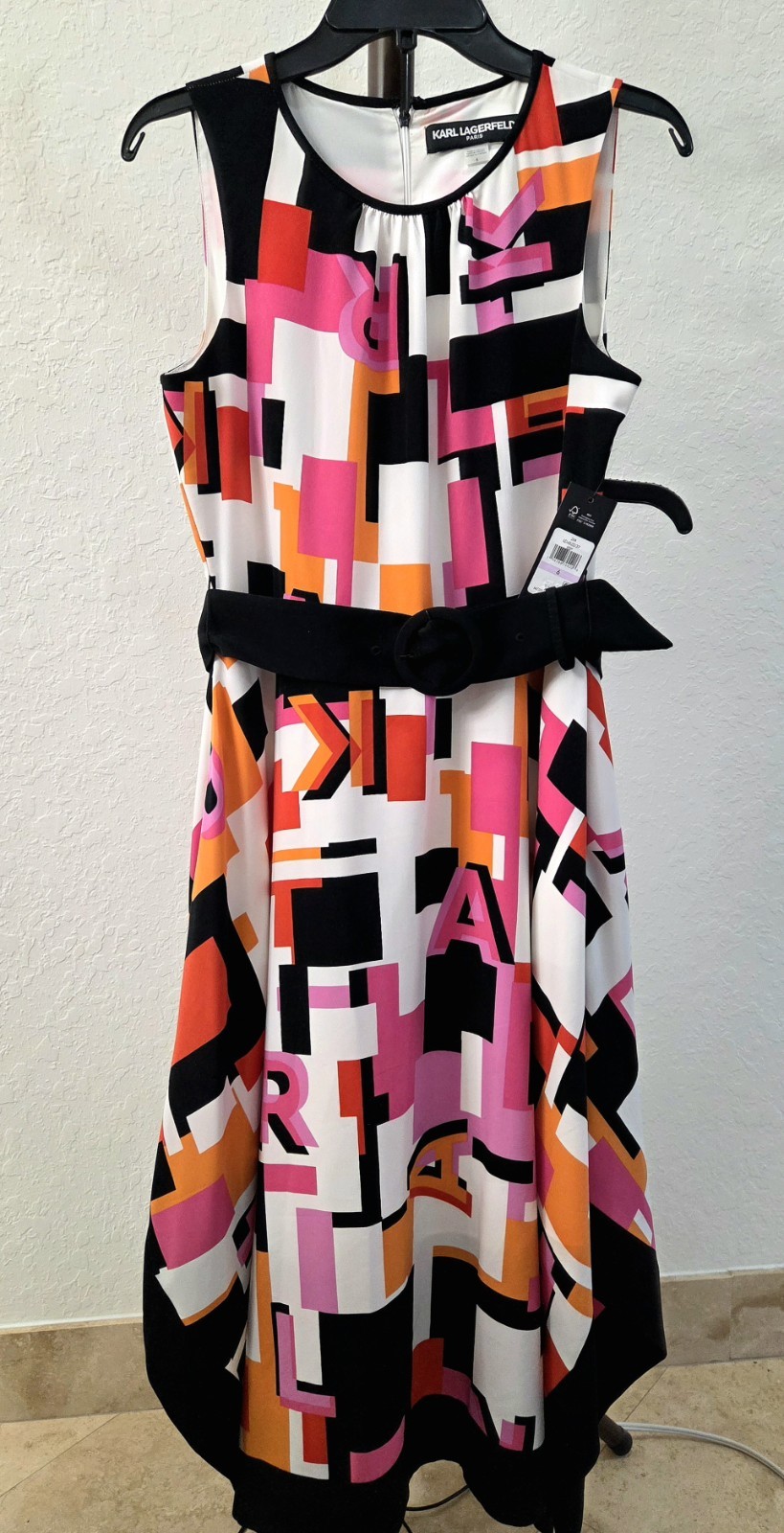 NWT Karl Lagerfeld Paris Alphabet Logo Midi Dress Size 6 Handkerchief Hem Pink