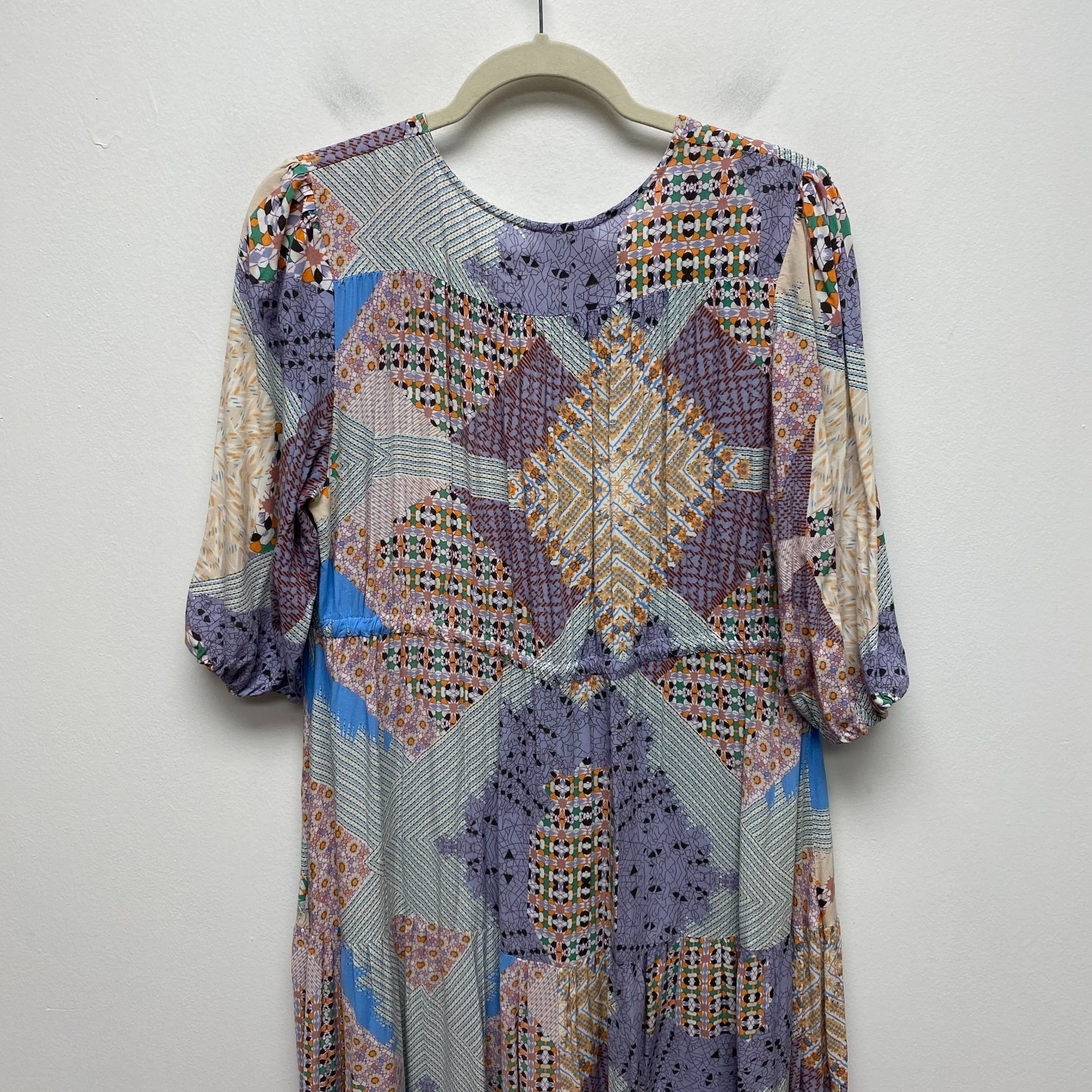 Jaase Womens Purple Beige Boho Patchwork V-Neck 3/4 Sleeve Tiered Maxi Dress XL