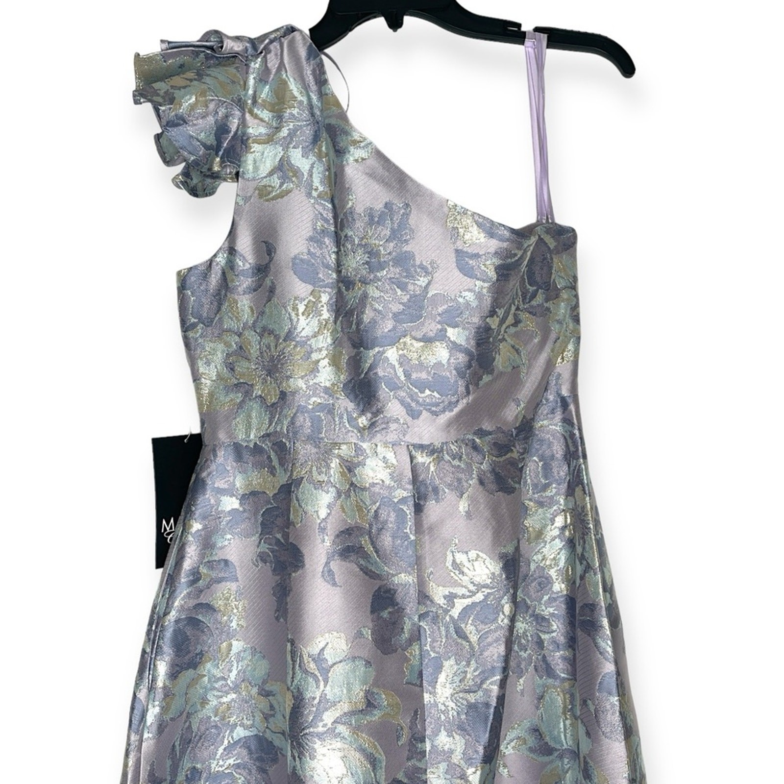 NWT $229 Marina Women’s One Shoulder Floral Jacquard Metallic Maxi Gown, Sz 8