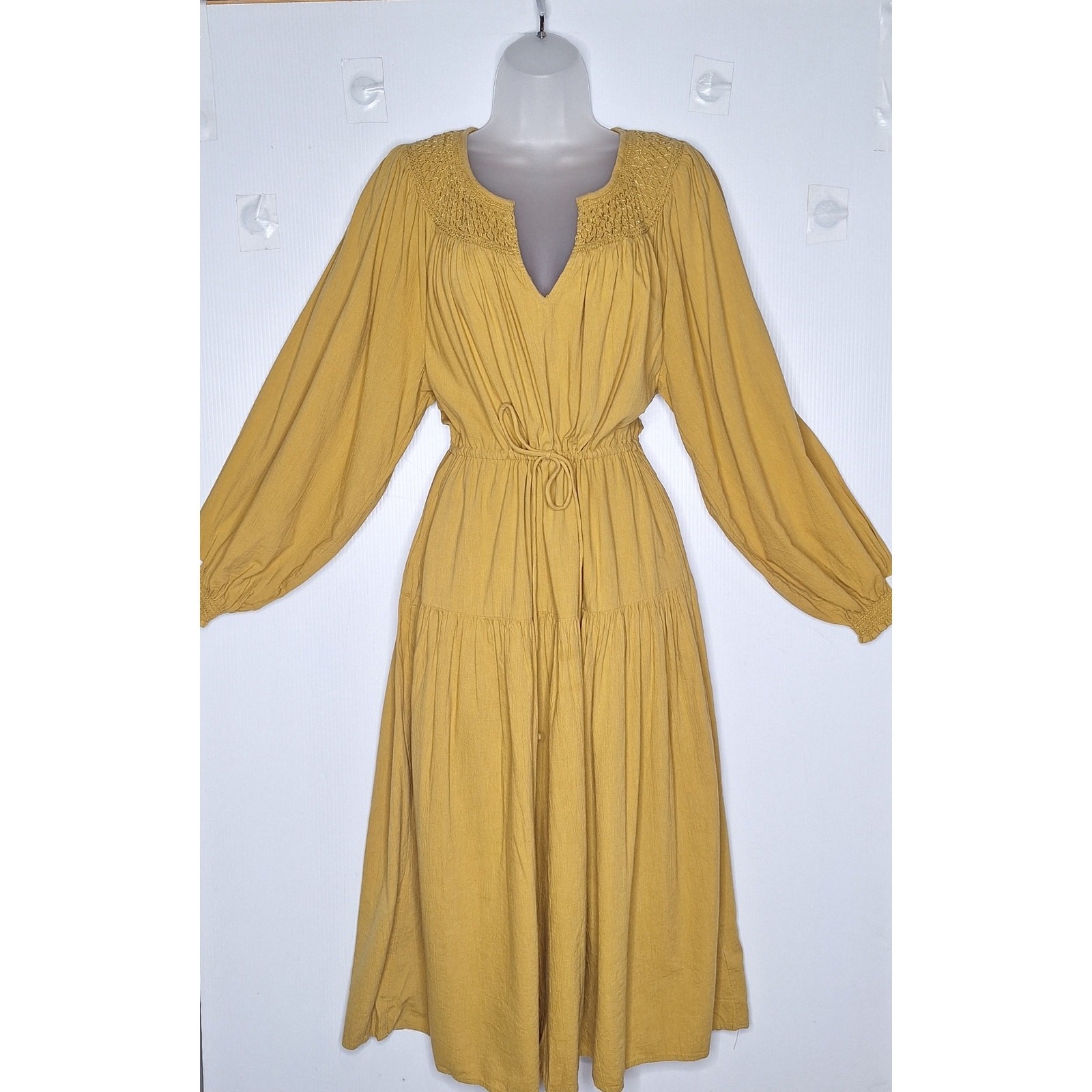 Old Navy Cinch Waist Prairie Dress Celandin M Cotton Blend Mustard Boho Peasant