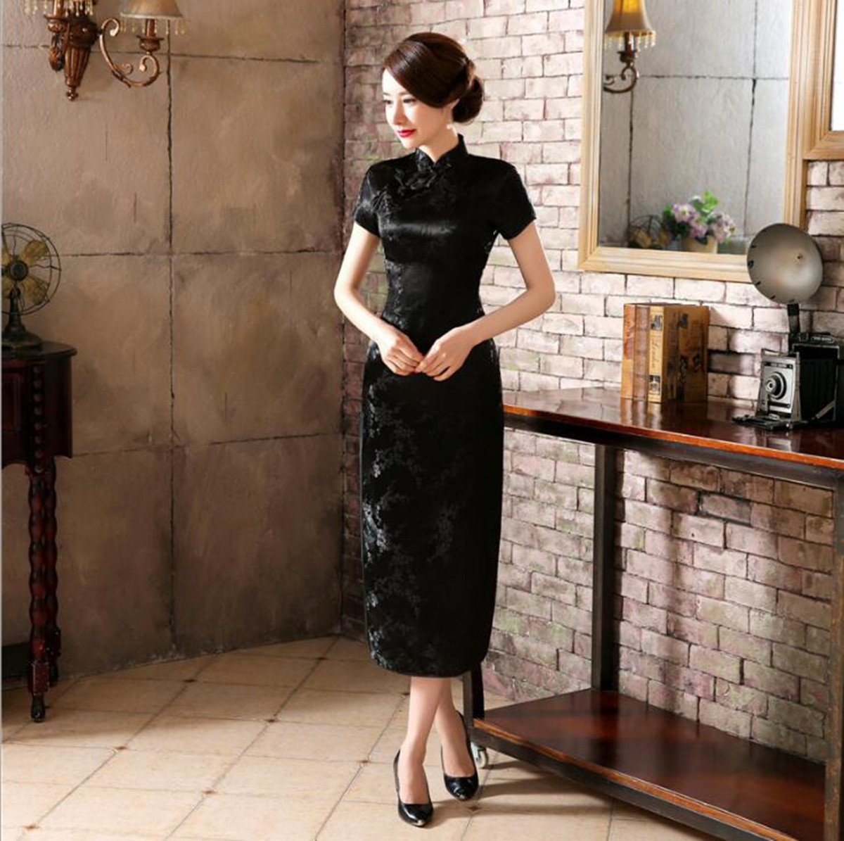 New Luxurious Cherry Blossom Black Chinese Long Dress Cheongsam Qipao lcdress