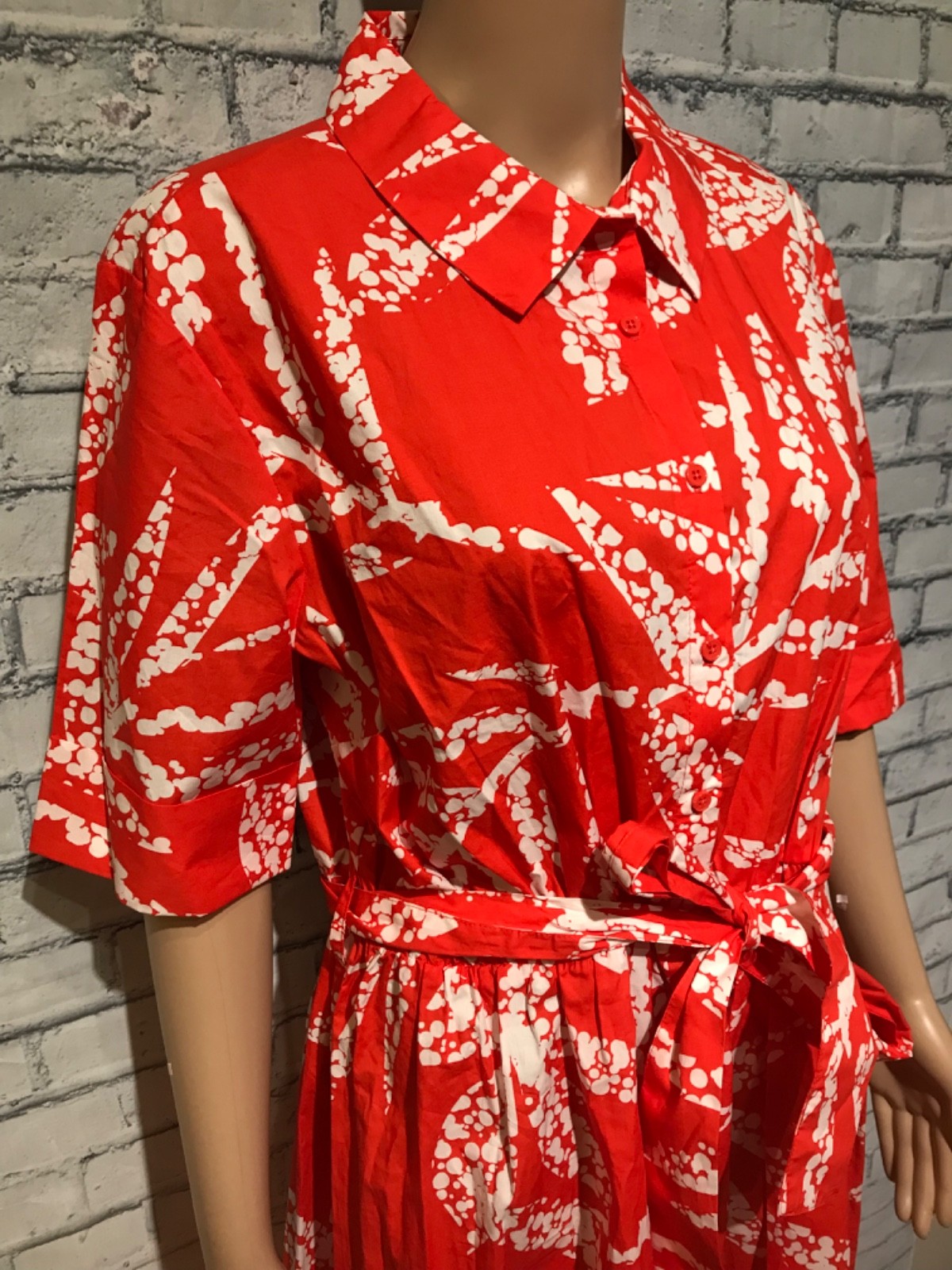 NWT$129, DKNY, 14, Orange/White 100% Cotton Leaf Print 1/2 Sleeves Long Dress
