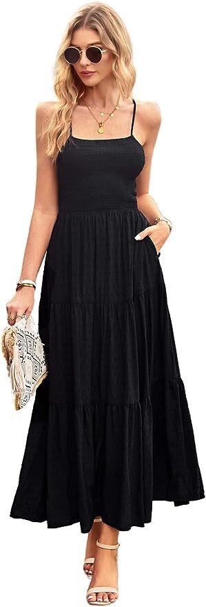 Women’s Spaghetti Strap Swiss Dot Criss Cross Backless Smocked Tiered A-Line Dre