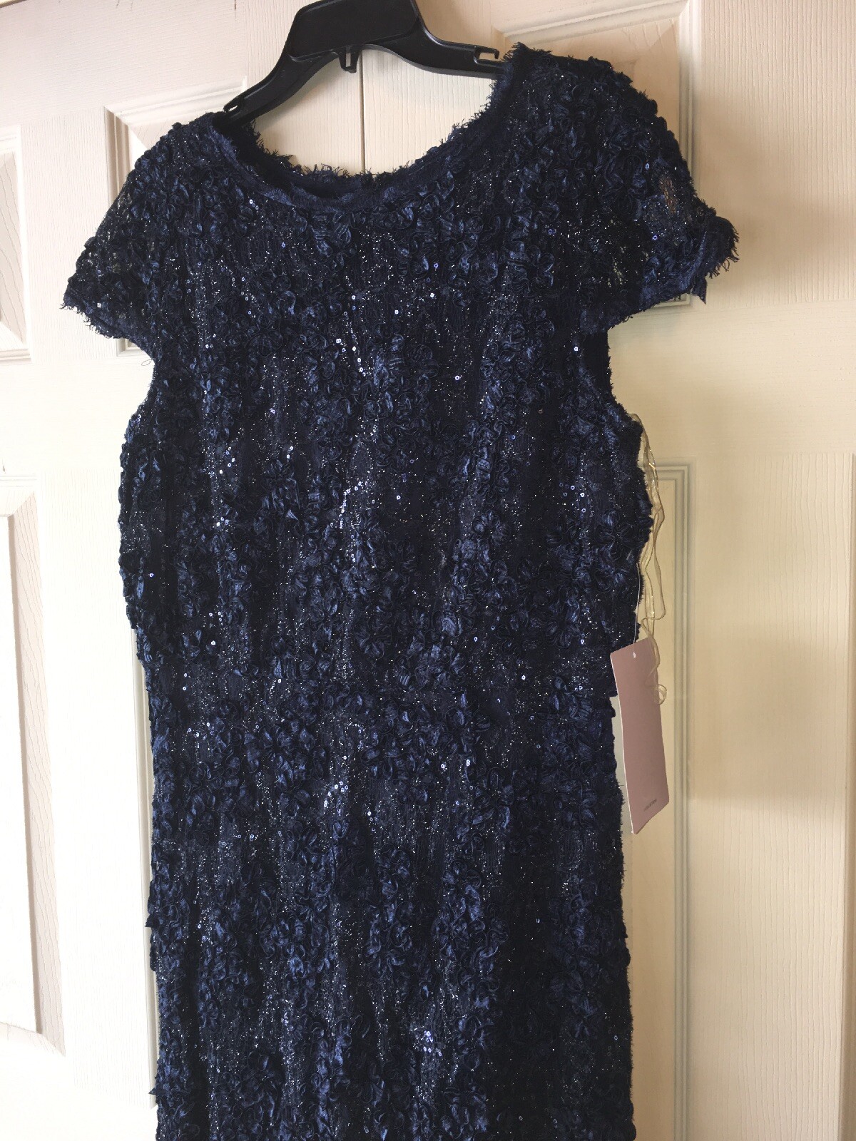 JS COLLECTIONS Navy Sequined Soutache Lace Blouson Bodycon Gown SZ 12 NEW