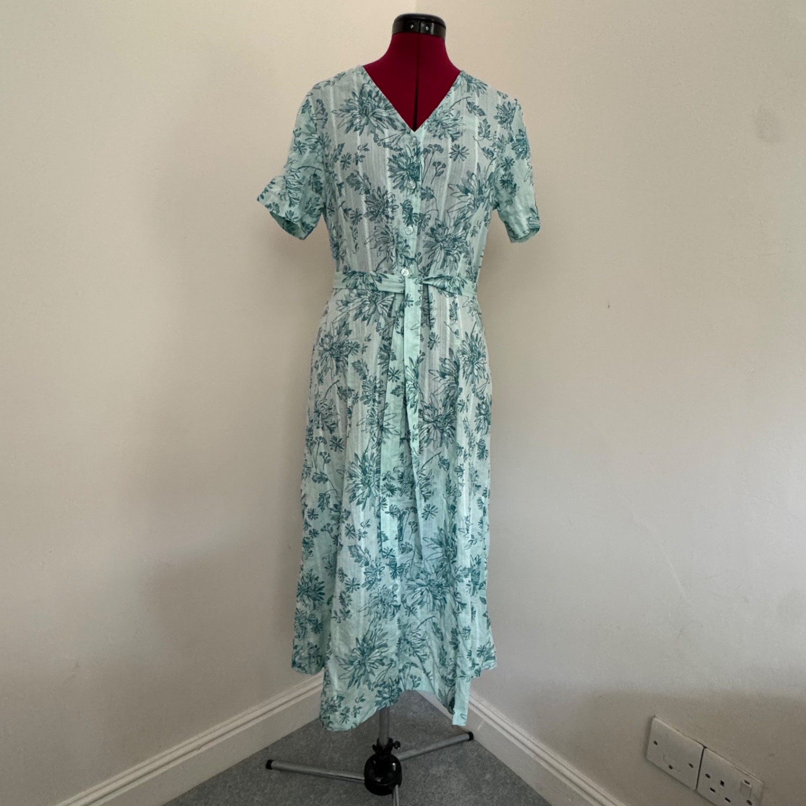 Patra Women’s Midi Shirt Dress Size S UK 8 10 Green Floral 100% Cotton Belted