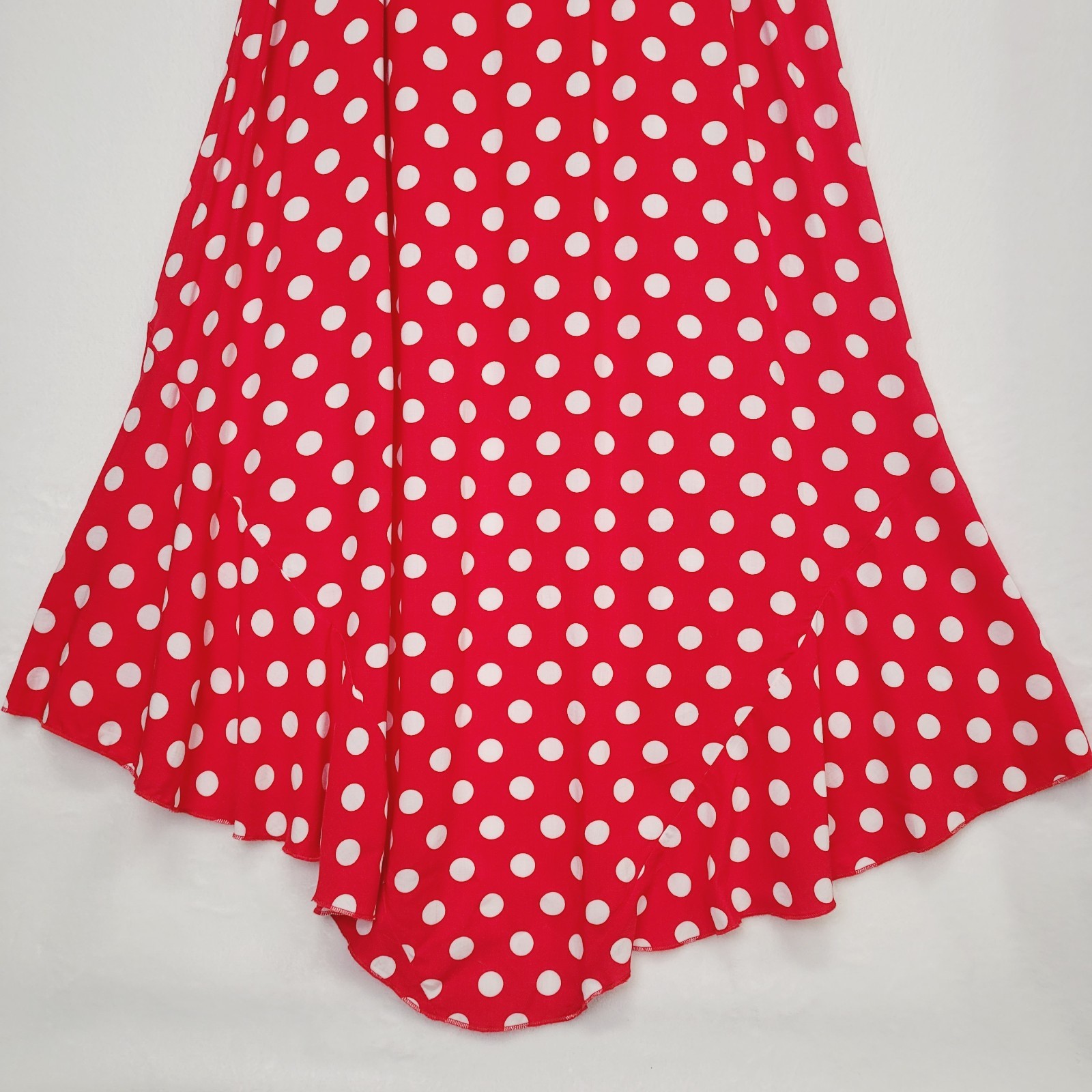 Red Polka Dot Faux Wrap Surplice Maxi Dress M Hi Low Ruffle Romantic Retro Femme