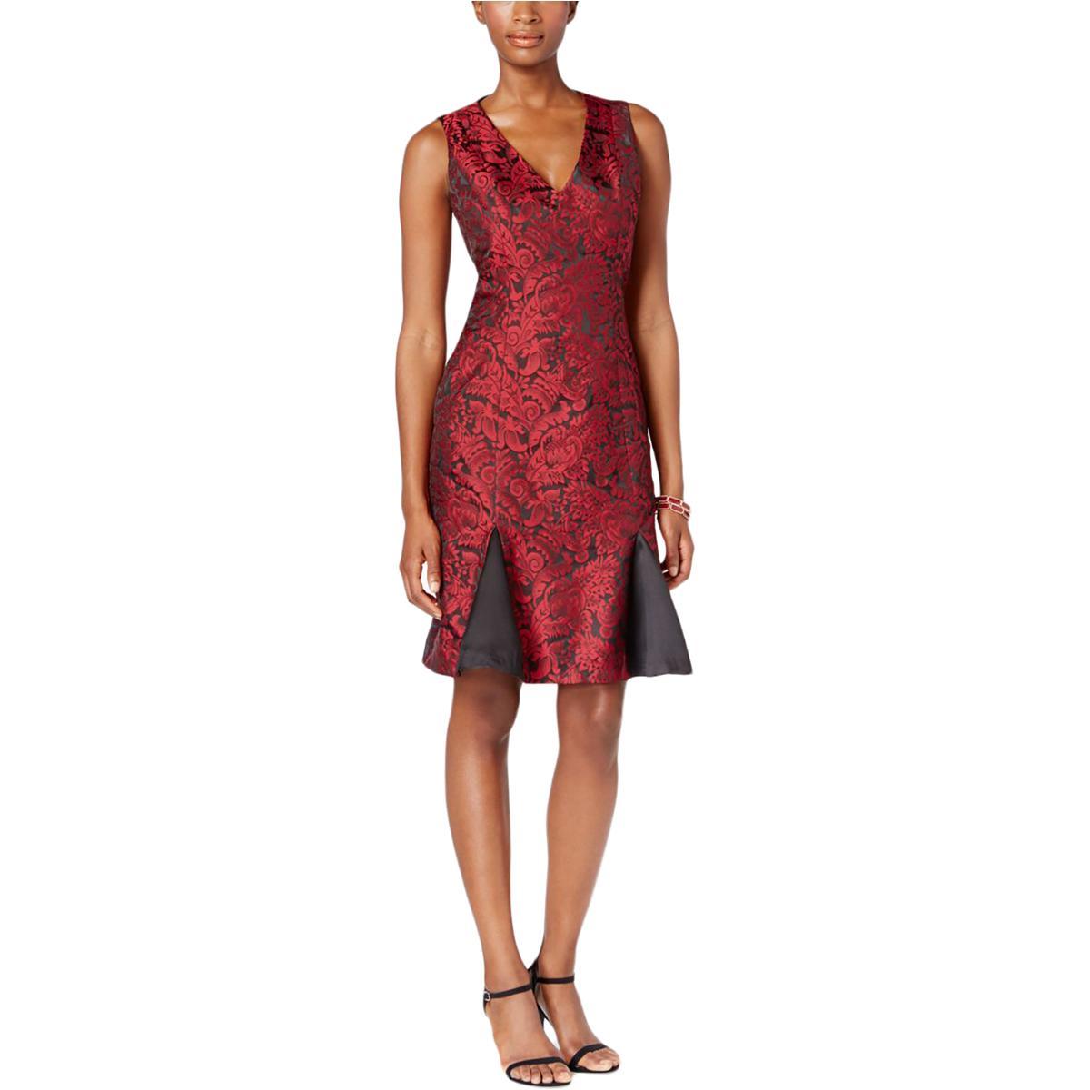 B Michael ~ Red & Black Jacquard V-Neck Flounce Party Dress 6 NEW $275