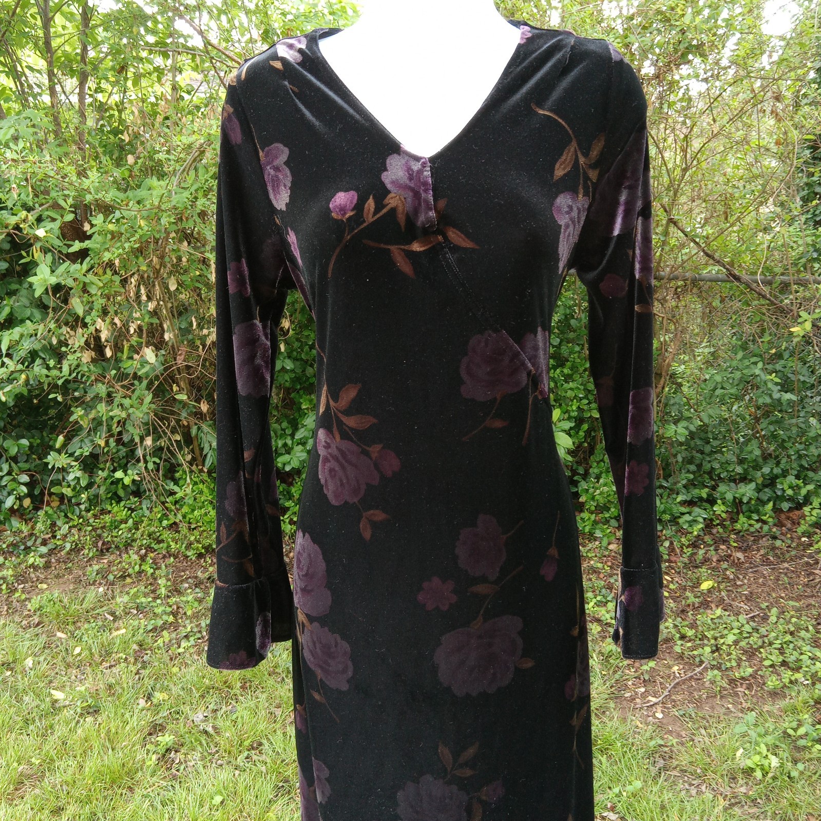 VTG Kathie Lee Collection Med Long Sleeve Velvet Maxi Dress Black Floral Grunge