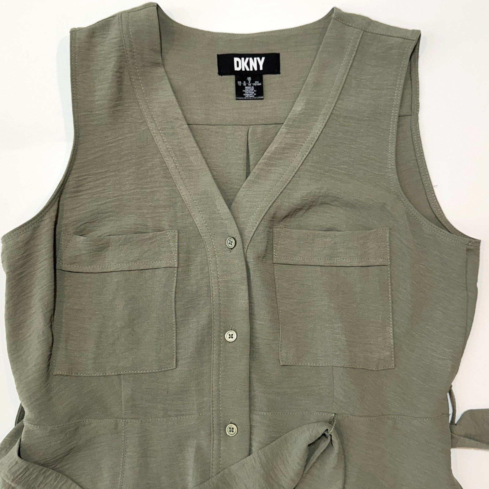 DKNY Sleeveless Button Front Belted Dress Pockets Olive Green Women’s 12 Utility