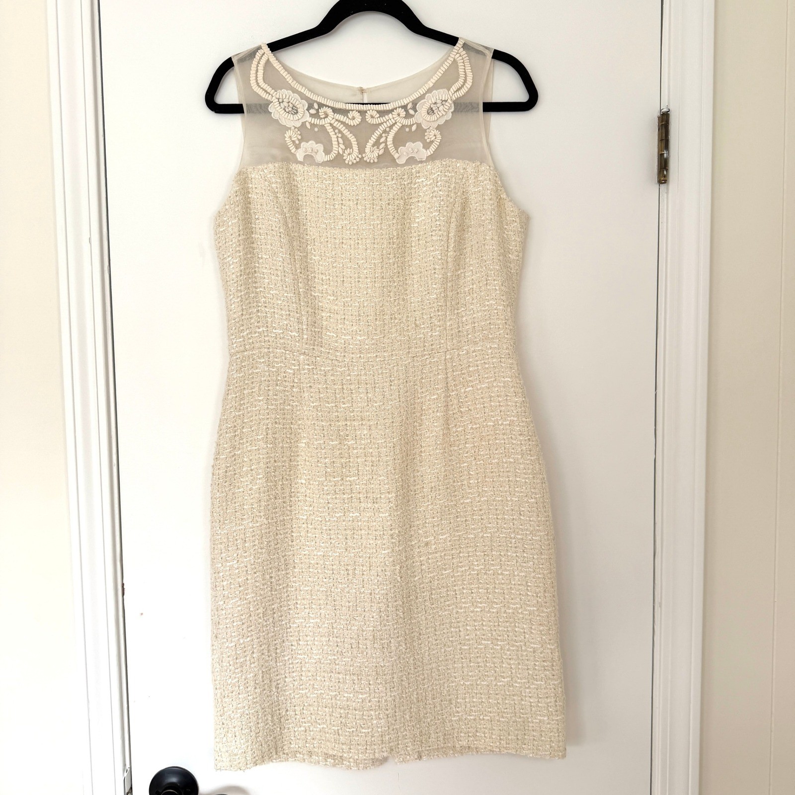 Brooks Brothers Womens Cream Metallic Tweed Embroidered Silk Yoke Dress 10 Ivory