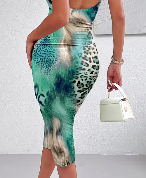 NEW Large. Sexy Intoxicating Abstract Leopard Aqua Green Camisole Midi Dress.