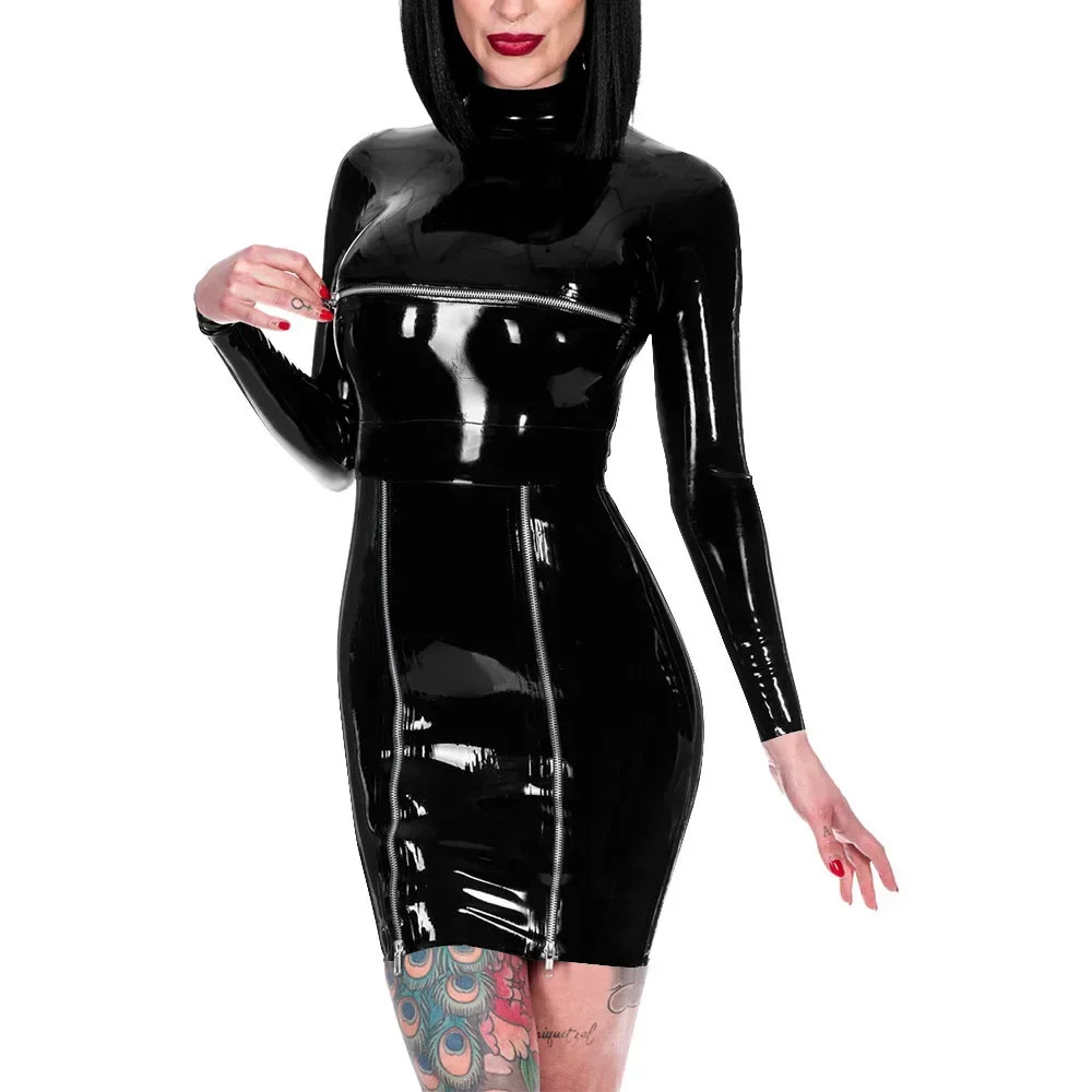 Back Zipper Wrap Hip Dress Shiny PVC High Neck Dress Front Zips Mistress Costume