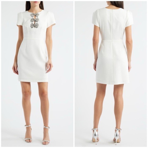 New Sam Edelman Rhinestone Bow Detail Satin Dress White Mini Short Sleeve Sz 8