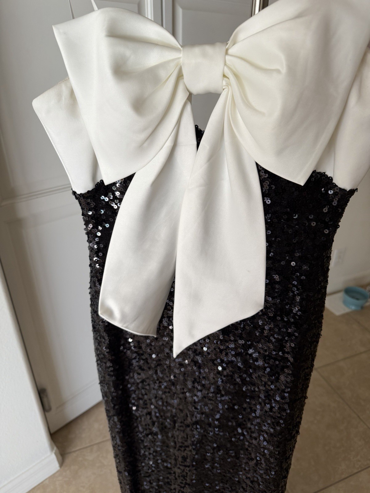 Black Sequined Evening Gown With White Satin Bow. Juniors Size 11-12 Worn Once