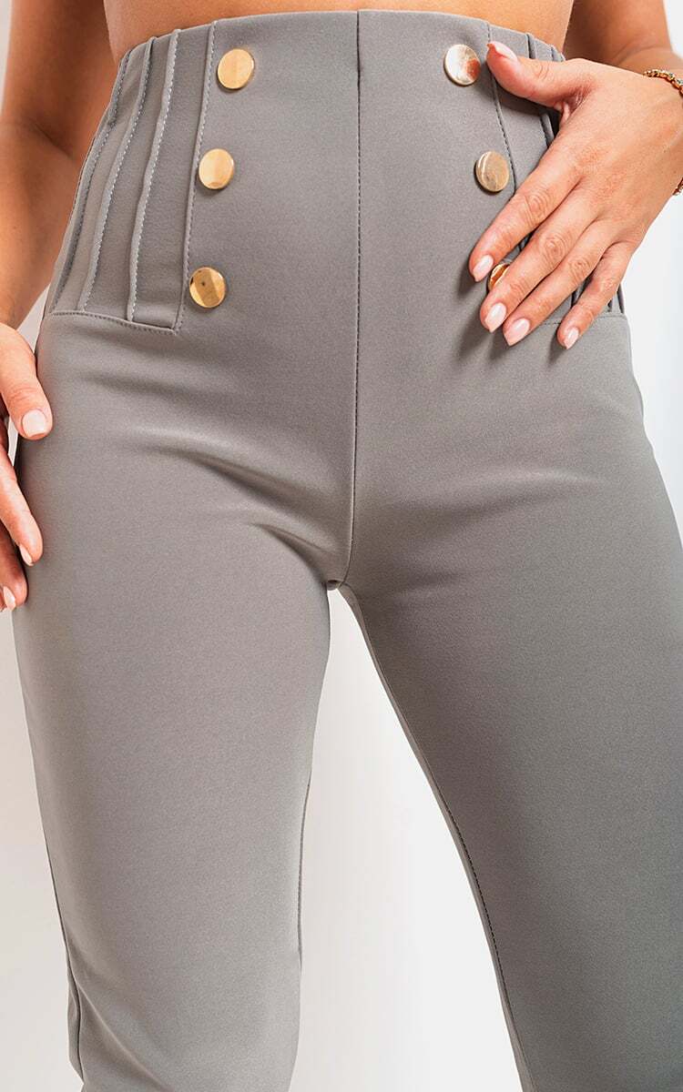 Womens Trousers High Waisted Button Detail Casual Stretch Full length Pants