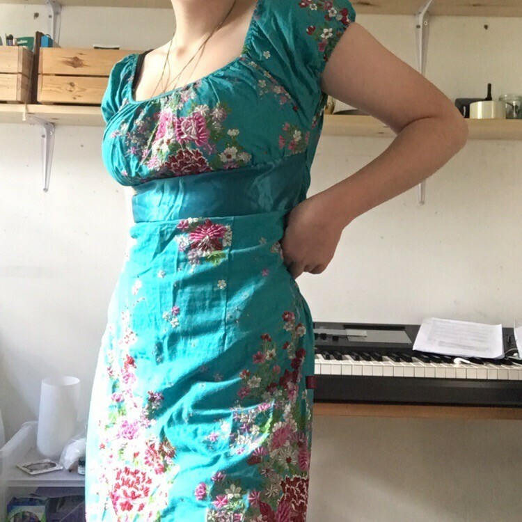  UTTAM LONDON Blue beaded wraparound dress, beautiful Chinese floral pattern
