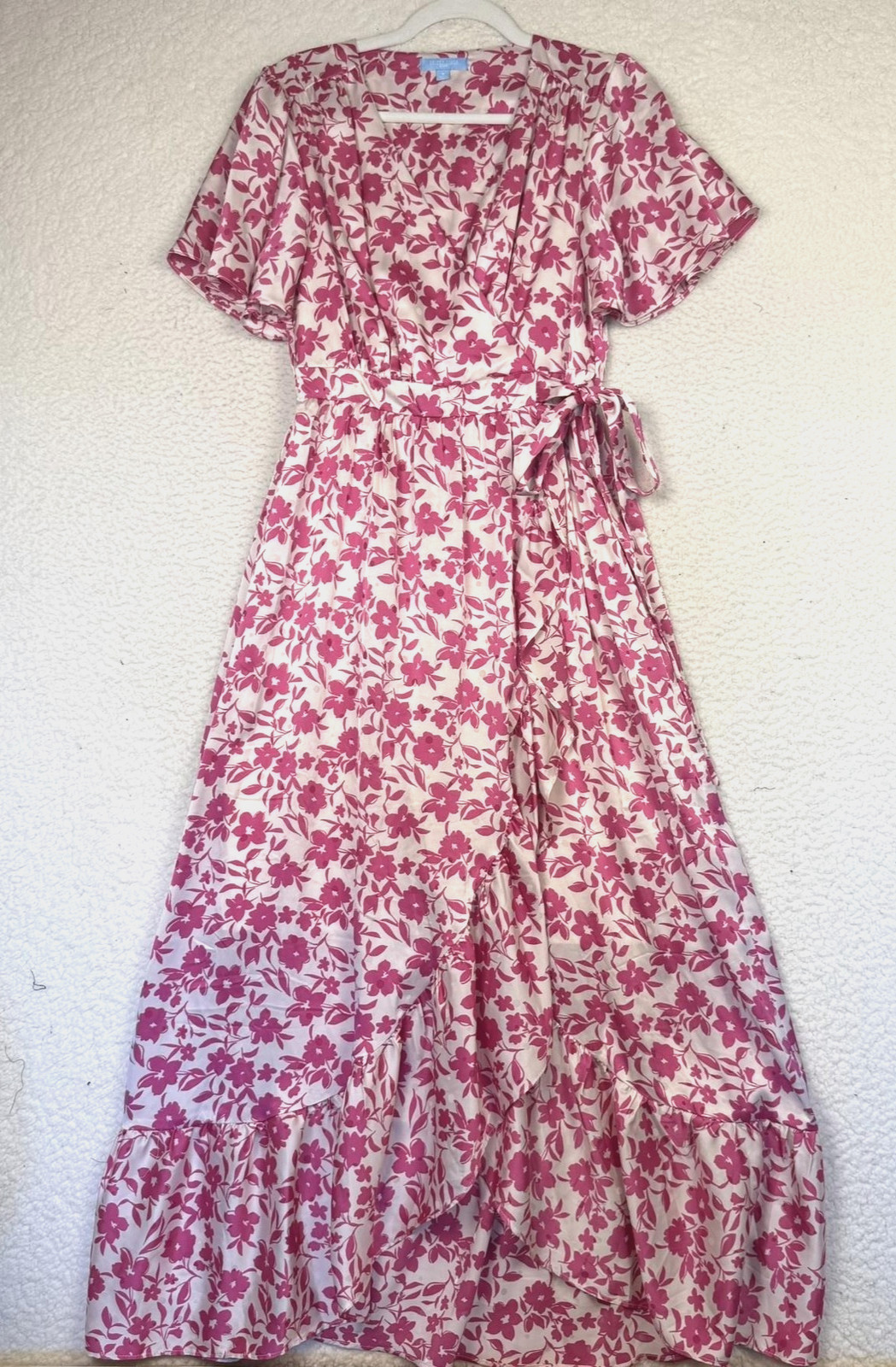 Draper James RSVP Pink Floral Flutter Sleeve Satin Wrap Maxi Dress Small
