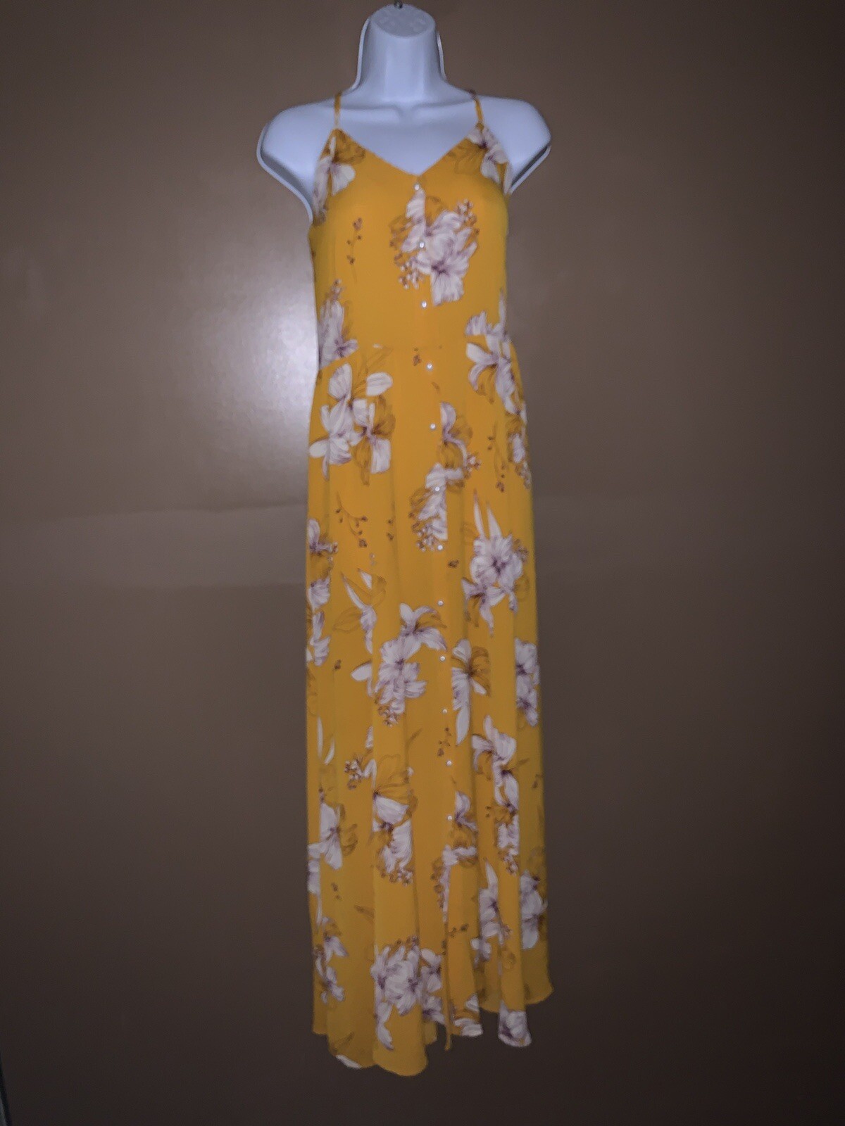 Beautiful Boho Yellow Floral Long Maxi Dress With Pearl Button Front Size Medium