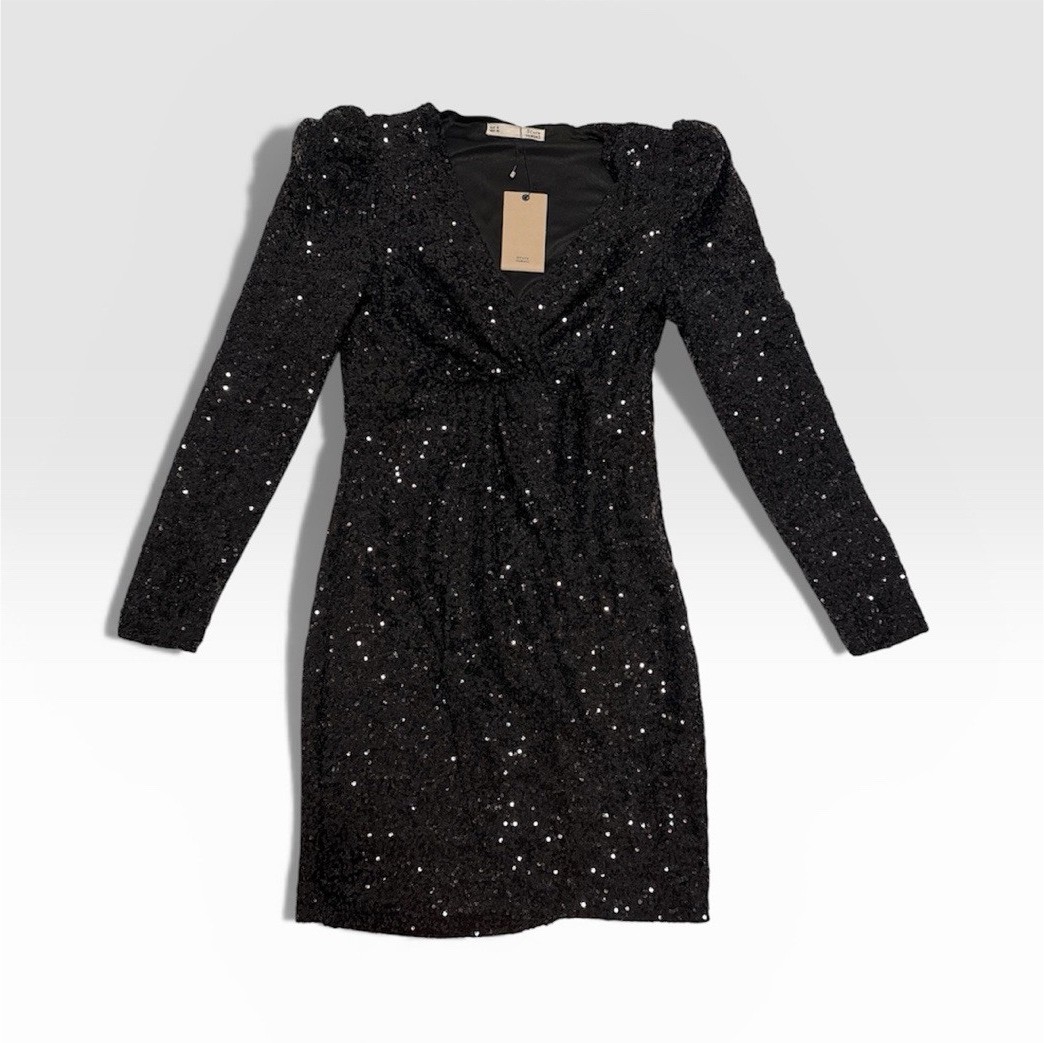 Sfera Black Sequin V-Neck Long Sleeve Bodycon Dress, Short, Size M