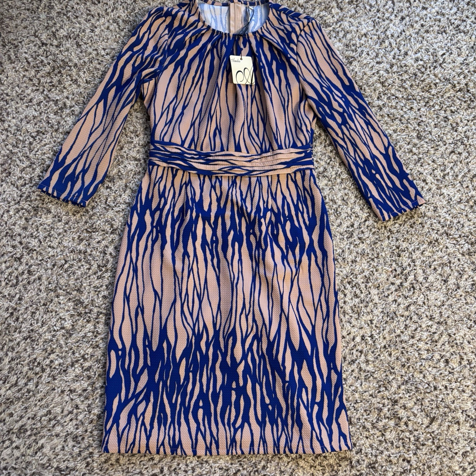 Amelia Women’s Dress Multi Color Pattern Toasted Almond Blue Size Small NEW