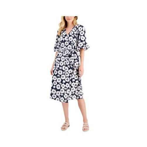 Charter Club Women L Intrepid Blue Combo Floral Wrap Midi Dress NWT CZ86