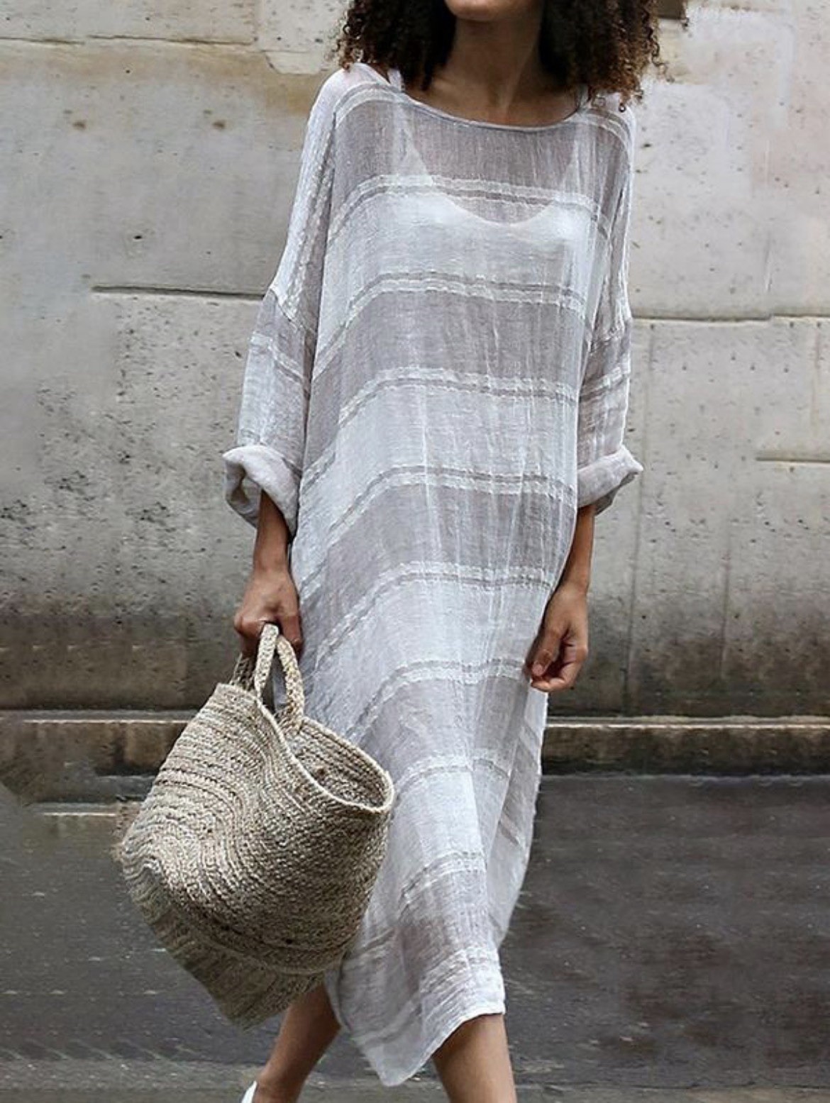 The Papel Lace Dress OS White Striped Oversized Linen Blend Artsy Lagenlook