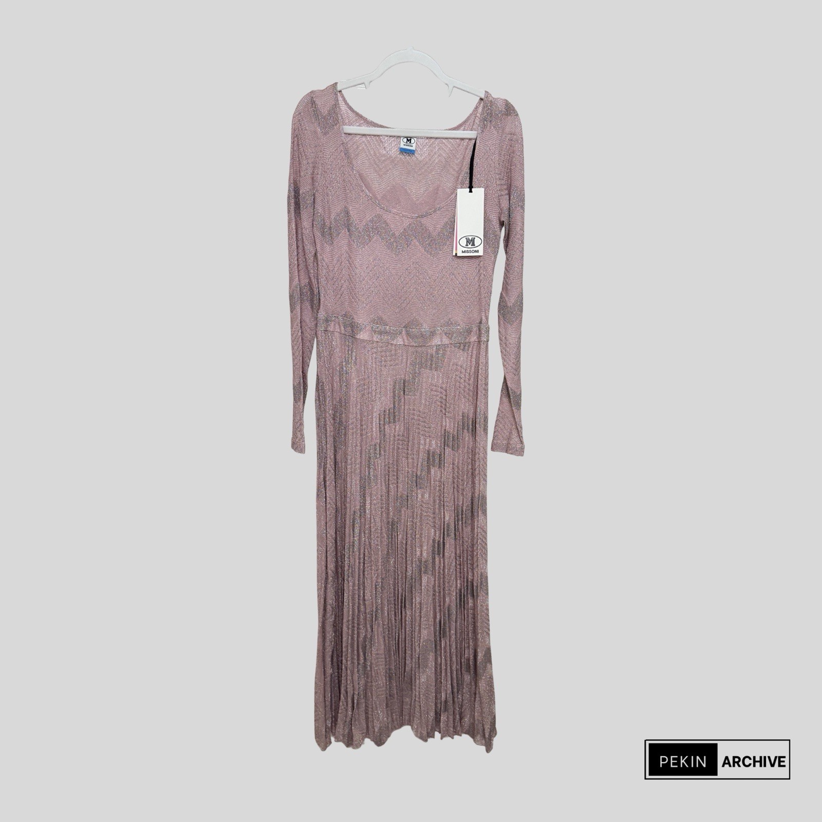 M Missoni Pink Lurex Maxi Dress Long Sleeve Zigzag Knit UK 12-14 EU 42