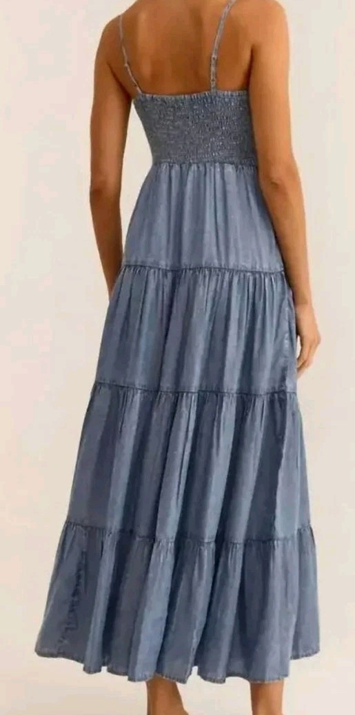 Z Supply Balos Washed Chambray Midi Dress L Smocked Spaghetti Strap Cottage NWT