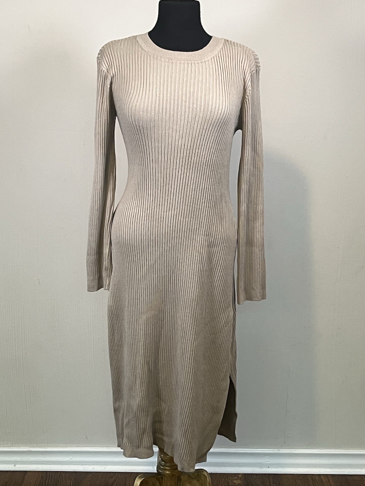 All in Favor XL Ribbed Knit Sweater Dress Beige Midi Long Sleeve Side Slit
