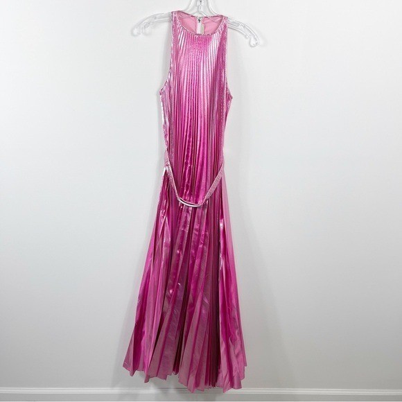 Christoper Kane Crystal Buckle Pleated Metallic Midi Dress Size 6 NWT Pink