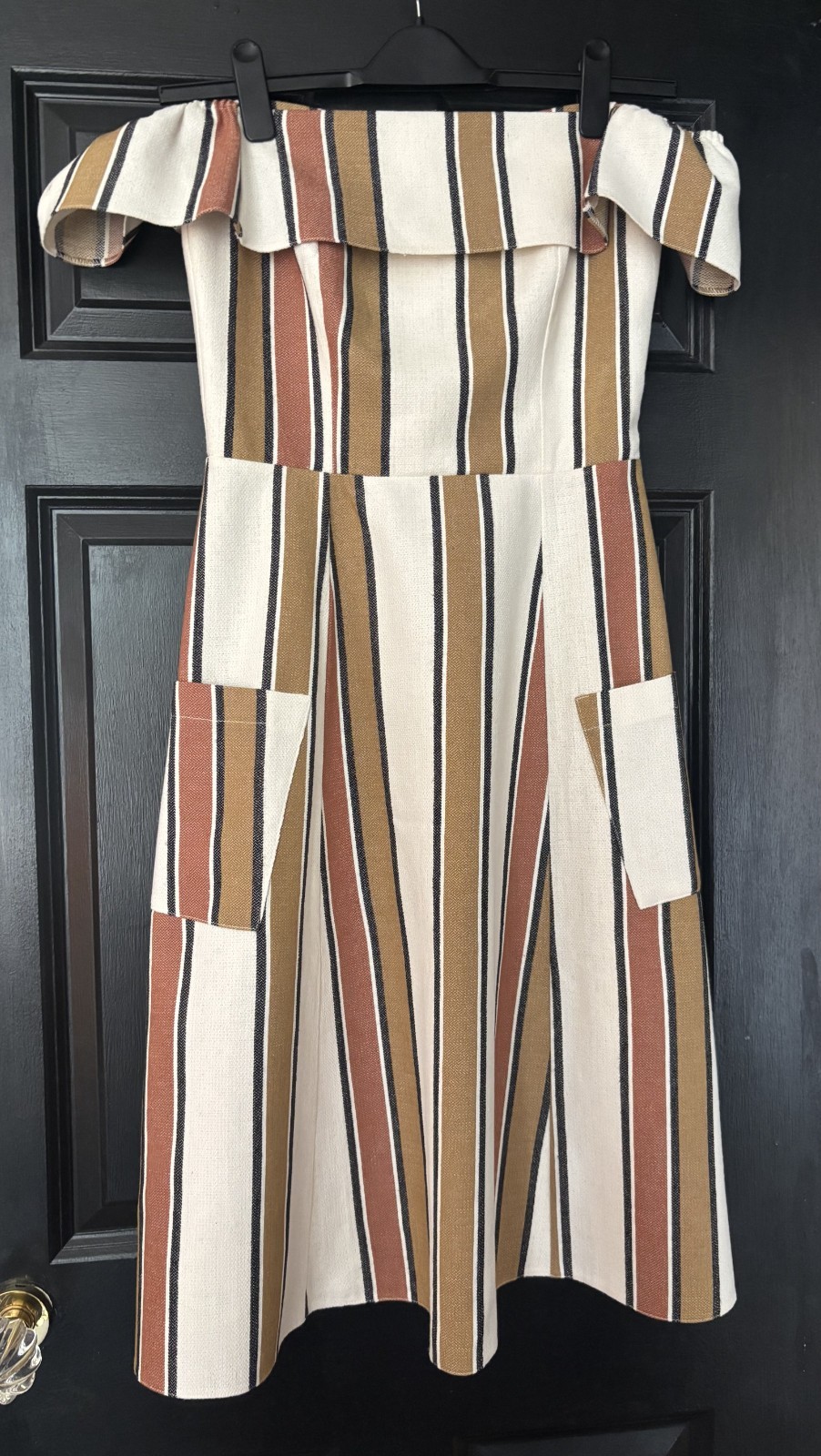 ASOS cream beige brown tan striped off shoulder midi dress 10 bardot cotton BNWT
