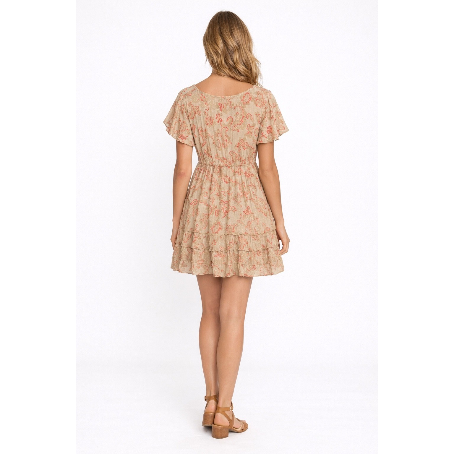 Ananta Paisley Boho Mini Dress Size L Tan Pink Crochet Lace Tiered Ruffle Tie