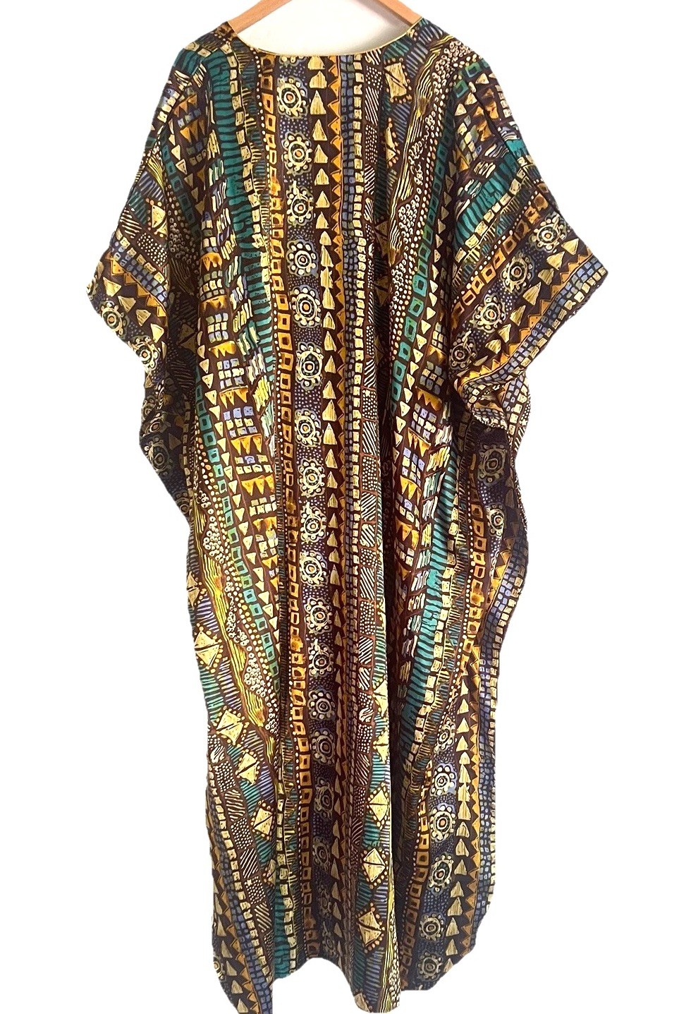 70s Caftan Vibrant Abstract Print Boho Resort Statement Maxi Dress M Turquoise