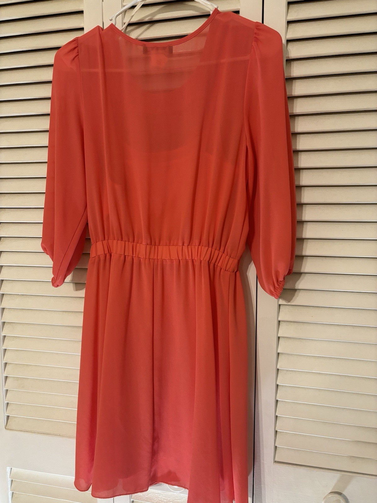 Paper Doll Coral Chiffon Smocked Puff 3/4 Sleeve A-Line Short Dress Small