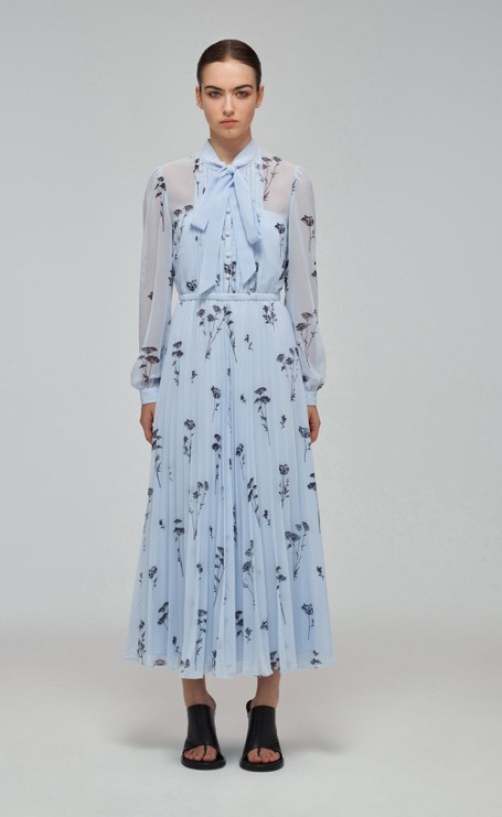 SELF PORTRAIT LIGHT BLUE FLORAL SILHOUETTE CHIFFON MIDI DRESS SZ LARGE-MISS TAG