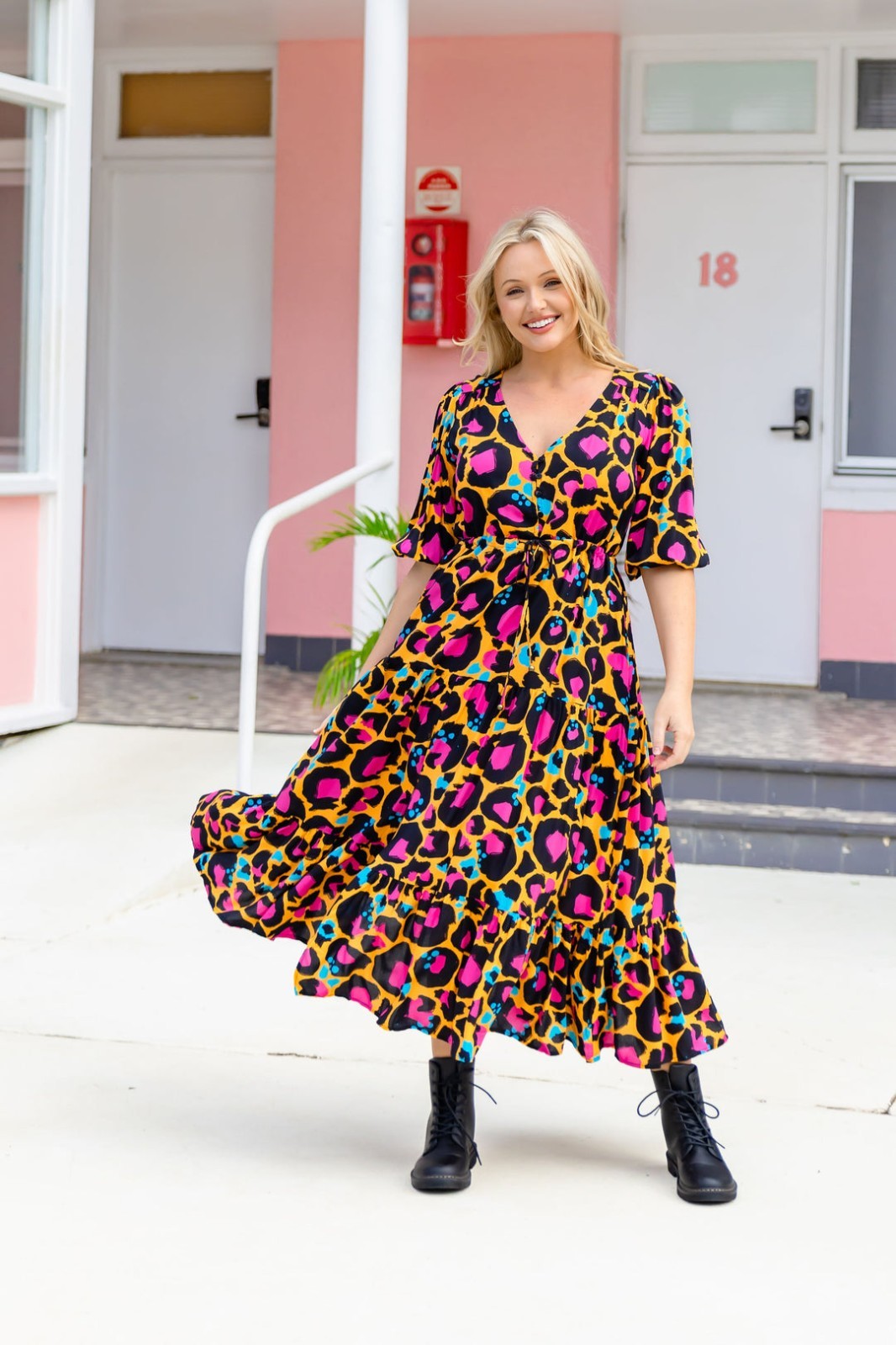 Proud Poppy x Kasey Rainbow Dress Womens 10 Billie Maxi in Mustard Leopard Print