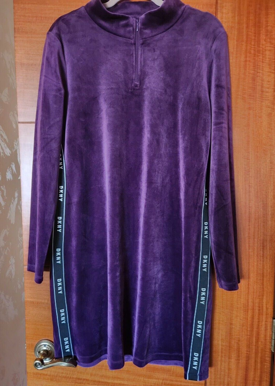 New DKNY Purple Velour Stand up Collar with Short Zipper and Logo dress, Size XL