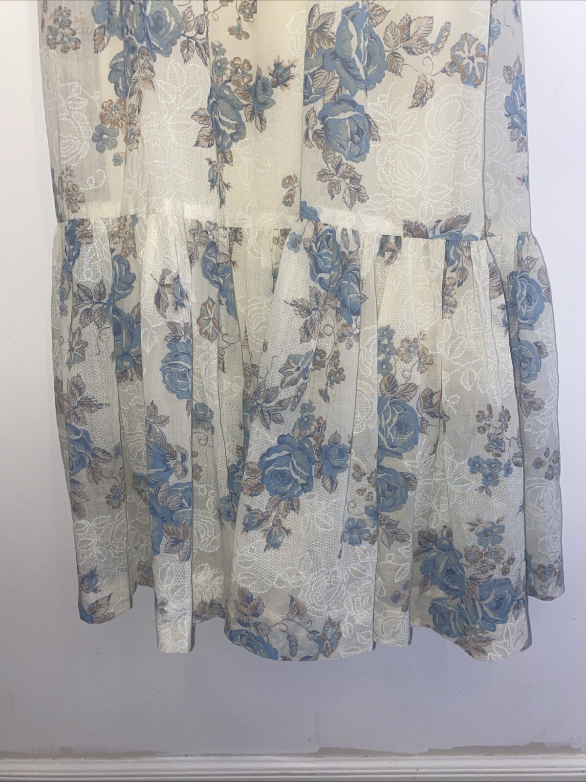 Ruffle Tiered Ivory Blue Floral Pattern Midi Dress Women’s Handmade