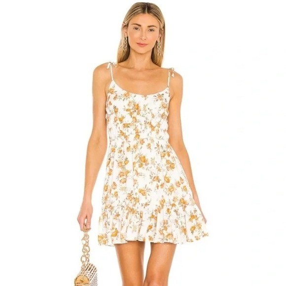 MinkPink Floral Mini Dress White Yellow Foral Smocked Sundress Summer Size M